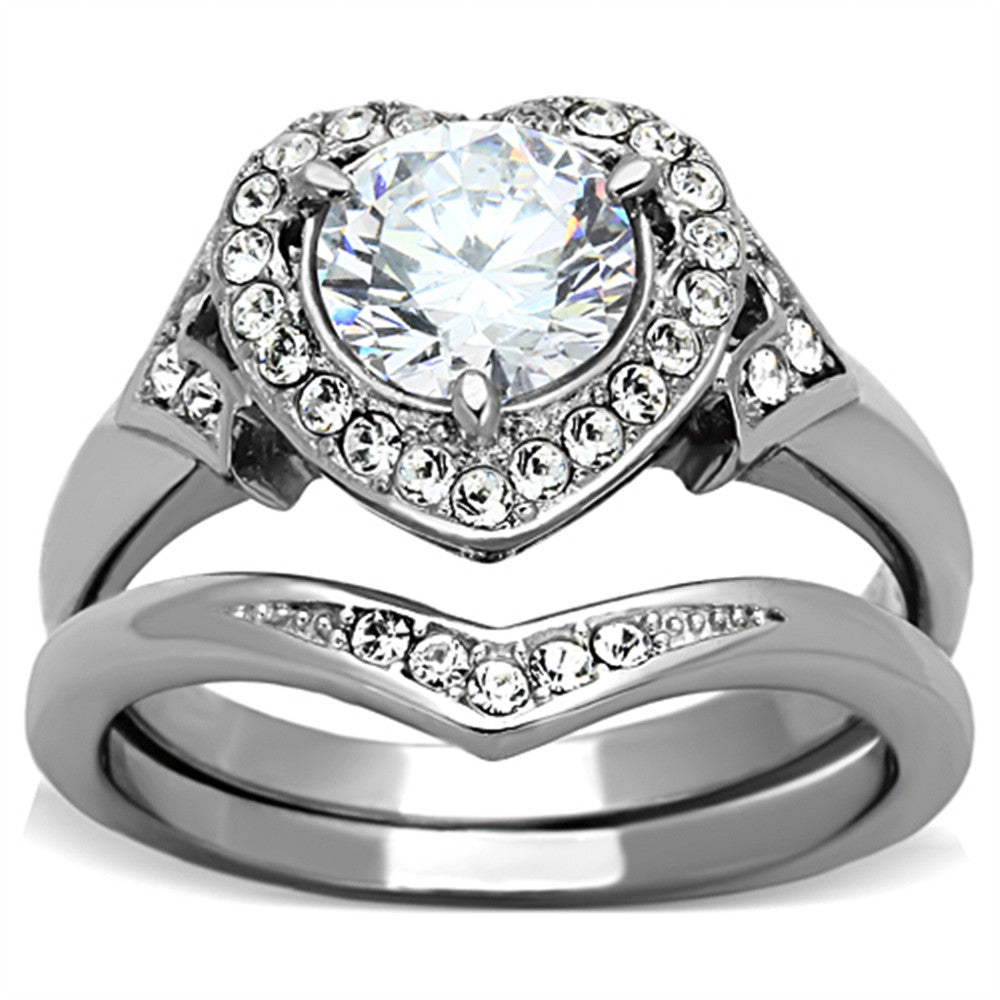 2.75Ct. Round Cut CZ Halo Heart Stainless Steel Wedding Ring Set Women's Sz 5-10